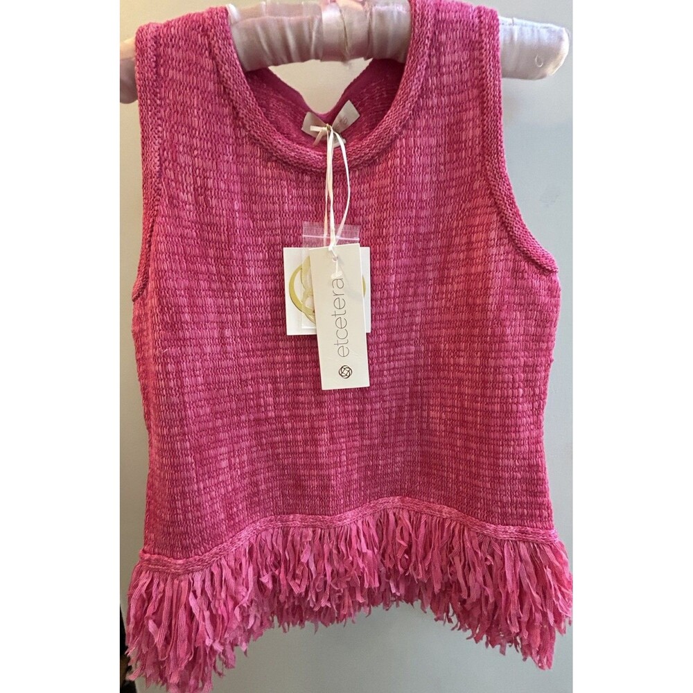 Etcetera Women Sz S Sleeveless Pink Fringe Top Textured Stretch Quiet Luxury NEW